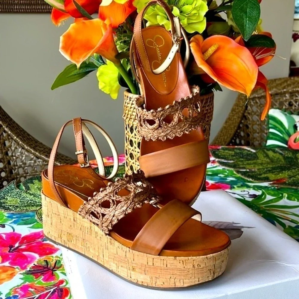 Brand New Jessica Simpson Callri Wedge Sandals Woven Raffia Cork Platform Ankle
